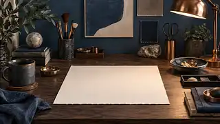 Tidy wooden desk with articles, blank paper, mugs, art supplies, books, and decor against a blue wall.