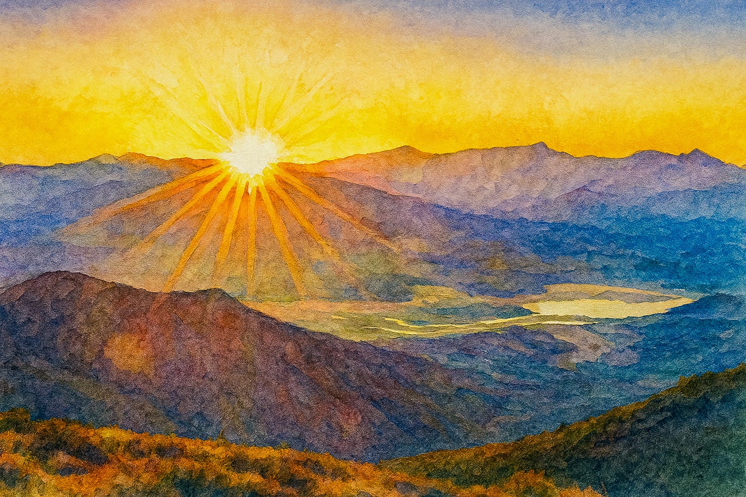 Watercolor painting of a sunrise over Horseshow Lake in Arizona