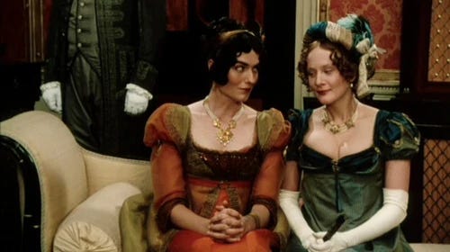 From a scene in Pride and Prejudice: Caroline Bingley and Mrs. Hurst are sitting on a sofa and talking discretely. 