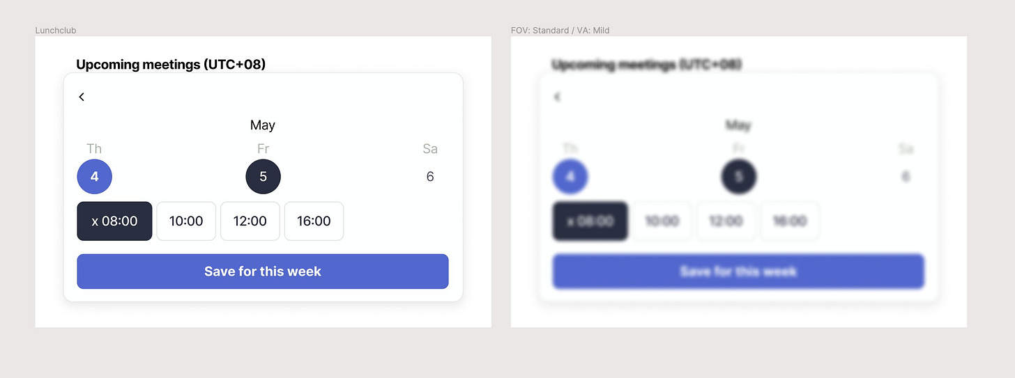 Lunchclub form on the left, low vision simulation on the right, the right image is blurry and hard to read 