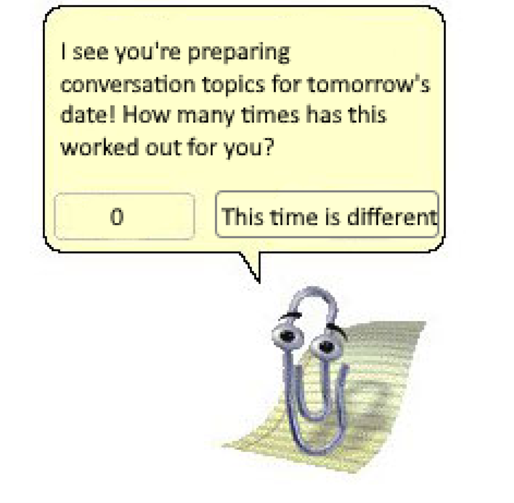 A pale yellow dialogue box says: “I see you’re preparing conversation topics for tomorrow’s date! How many times has this worked out for you?” Below it are two rectangular buttons: one labeled “0” and the other labeled “This time is different.” A pale yellow dialogue box says: “I see you’re preparing conversation topics for tomorrow’s date! How many times has this worked out for you?” Below it are two rectangular buttons: one labeled “0” and the other labeled “This time is different.”