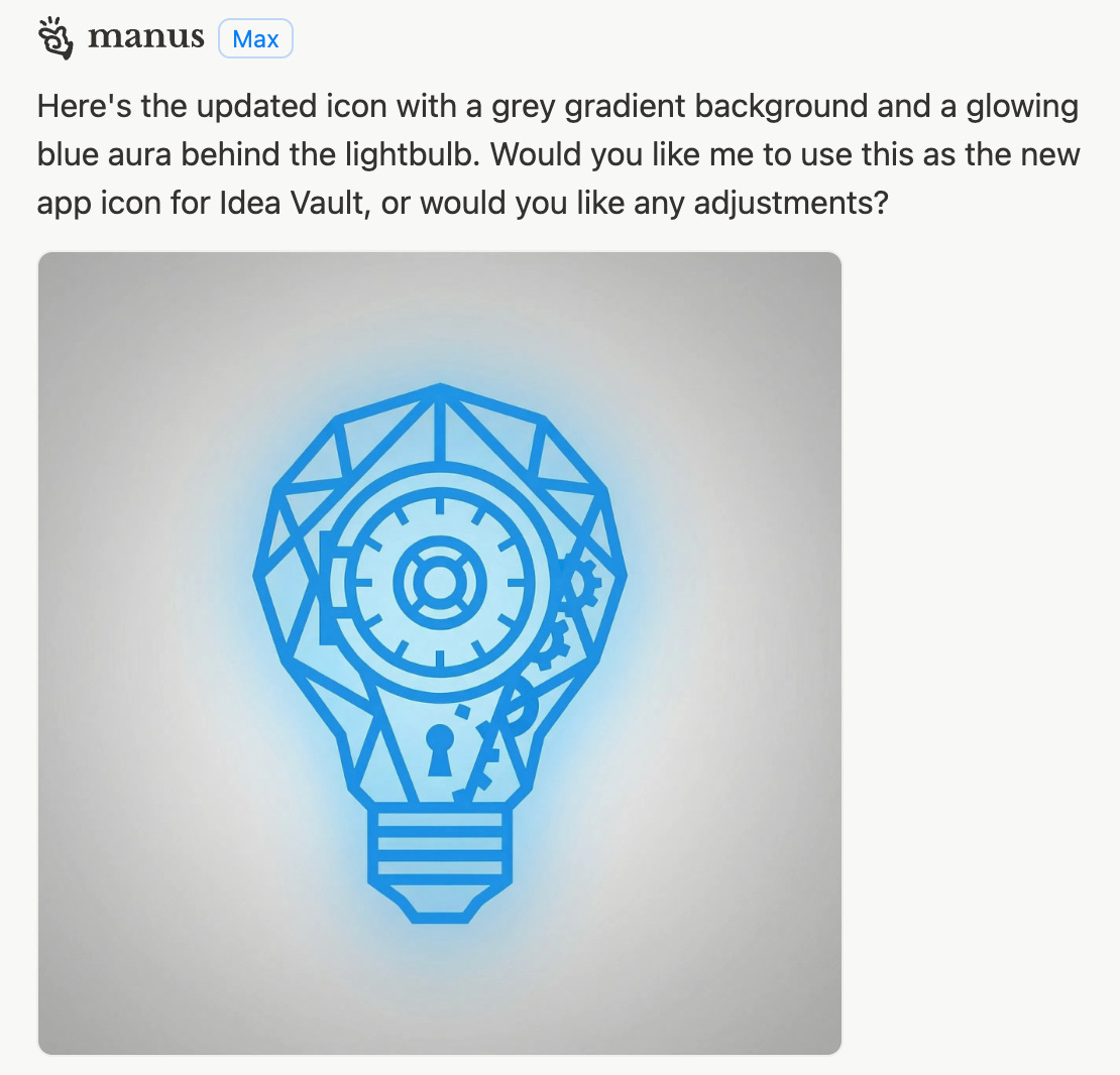 Illustration of a blue geometric lightbulb icon with internal gears and circuitry, set against a soft grey gradient background with a glowing blue aura, representing an AI-powered app icon created using Manus Design View.
