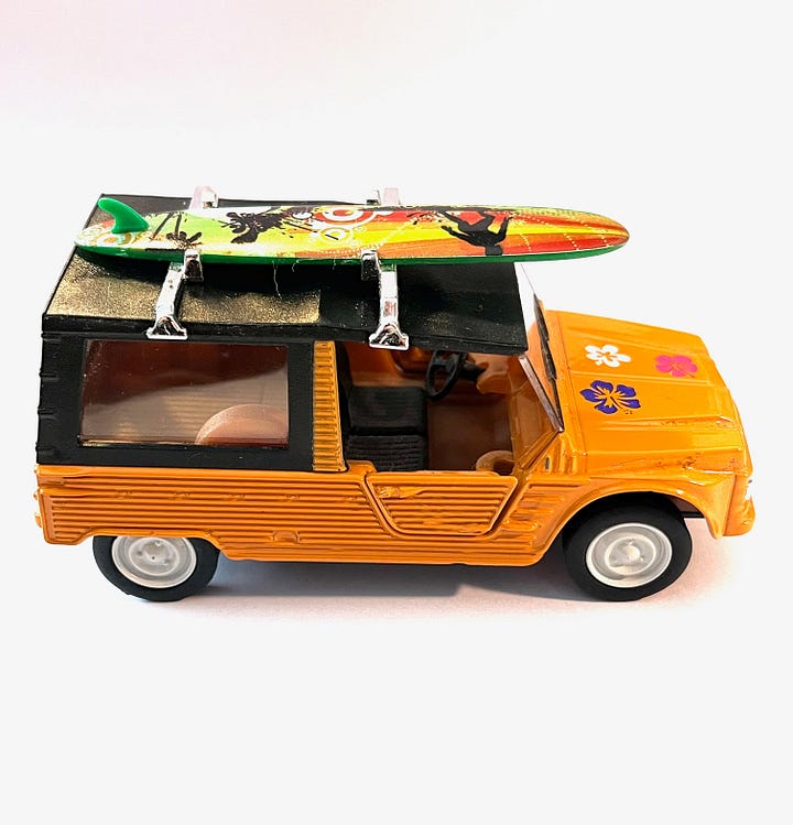 Two orange Citroen Mehari cars, one in Amalfi and the other a model on my desk.