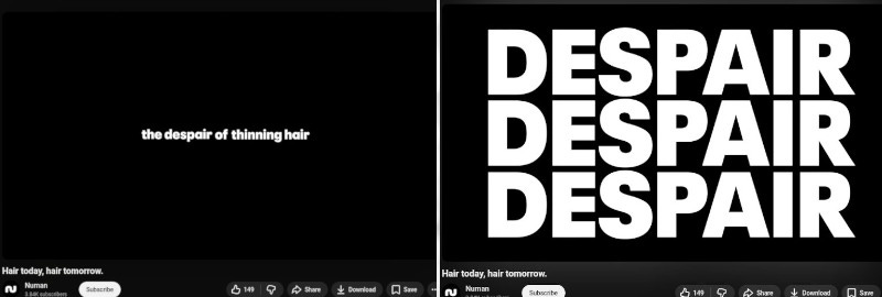 Screenshots of Numan's advert linking hair loss to despair