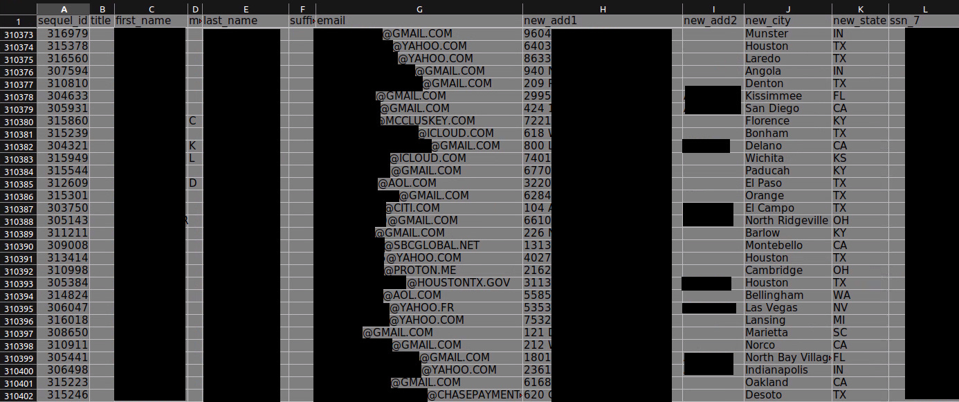 Screenshot of the spreadsheet exposed with redacted private information.