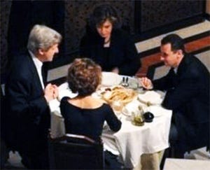 Syria's Assad and wife dine with John Kerry and his wife. Syria's Assad and wife dine with John Kerry and his wife.