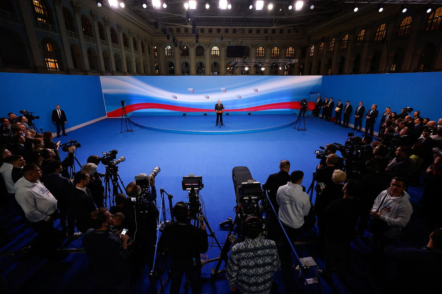 Russian incumbent President Putin speaks after polling stations closed, in Moscow