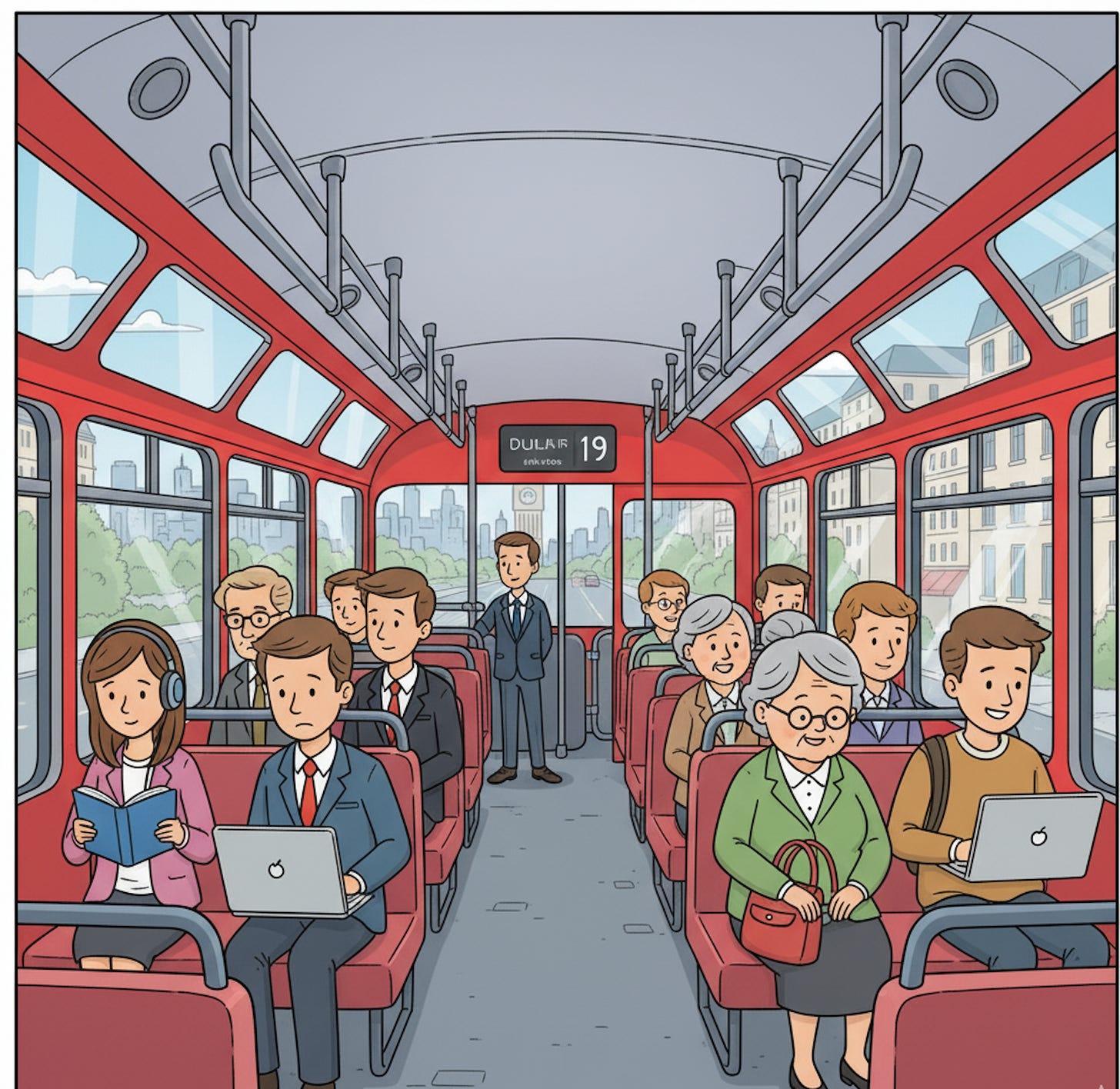Cartoon illustration showing the inside of a red double-decker London bus. Various diverse passengers are seated, some reading, some looking at laptops or phones, and one person is standing. The windows show a glimpse of a city skyline. The scene is depicted in a cheerful, simplified cartoon style.
