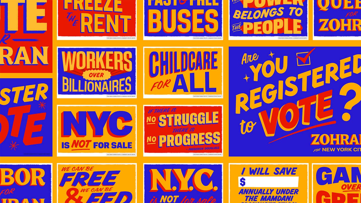 The vivid blue background, paired with hot orange and sunlight yellow lettering, sets the campaign design apart from the conventional political branding | Zohran Mamdani Campaign Design | Forge | STIRworld
