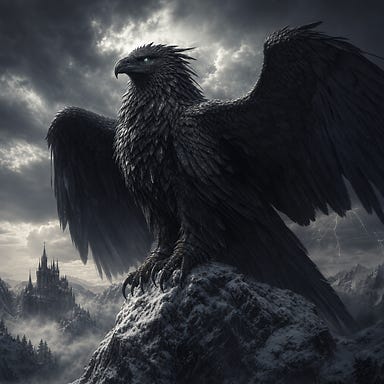 Turul, the colossal raven-shaped Roc, ancient and regal, perched on a snow-capped mountain summit, obsidian feathers shimmering with stormlight, wings vast as thunderclouds, eyes glowing with ancient intelligence, Barovian Gothic atmosphere