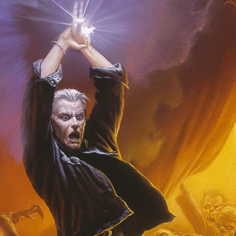 LEFT: Detail from THE WHITE COMMANDS YOU featuring Callahan as he stands in command above the mass of vampires and low men. A cross-shaped scar marks his forehead as he thrusts up the turtle talisman to shine brilliantly down on the hideous creatures. His index and middle fingers extend up while thumb, pinkie, and ring finger grip the palm sized talisman that is burning white. His sleeves are rolled up revealing a thing silver bracelet on his right hand. CENTER: Detail from the foreground left of THE WHITE COMMANDS YOU featuring mole-faced Can-toi staring up in awe. One is dressed in a tux with plaid lapels and red bow tie and another in a ball gown with a string of pearls. Both have red open sores on their foreheads that resemble an eye. Above them is a Taheen with a yellow parrot head and human body. It wears a dress shirt and bow-tie. It reaches out with taloned hands and menace set in its eyes. RIGHT: Detail from the foreground right of THE WHITE COMMANDS YOU featuring vampires at the Dixie Pig recoiling from the light of the turtle talisman. Their eyes glow and their mouths are full jagged teeth pushing out. Mixed into the crowd are Can-Toi with horrifying near-human faces, uneven pointed teeth, and weeping patches of blood on their foreheads that resemble a crimson eye. A single pterodactyl-like Taheen seems unaffected as its beak parts to reveal a long tongue.