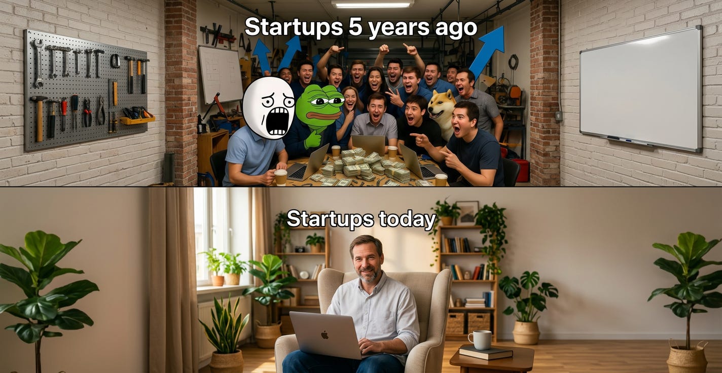 Startup culture evolution meme showing chaotic, hype-driven teams with cash vs calm solo founder working from home in 2020s startup landscape. Startup culture evolution meme showing chaotic, hype-driven teams with cash vs calm solo founder working from home in 2020s startup landscape.