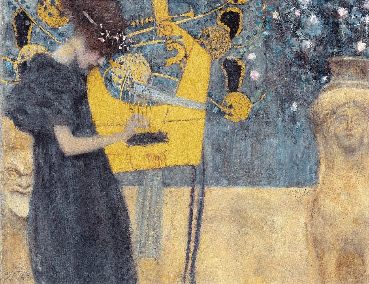 A woman playing a Greek lyre in a golden dreamlike scene A woman playing a Greek lyre in a golden dreamlike scene