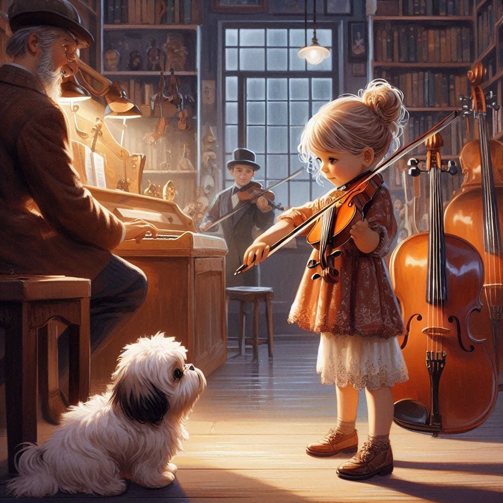 an illustration of a little girl playing the violin in a violin shop while a Shih-Poo watches her in the style of Pascal Campion an illustration of a little girl playing the violin in a violin shop while a Shih-Poo watches her in the style of Pascal Campion