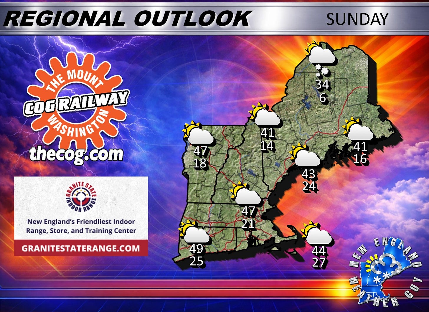 May be a graphic of video games, map and text that says 'REGIONAL OUTLOOK SUNDAY THE MOUNT COG COGRAILWAY RAILWAY WASHINGTO thecog.com 34 6 41 14 47 18 41 16 New England's Friendliest Indoor Range, Store, and Training Center 43 24 47 21 GRANITESTATERANGE.COM 49 25 44 27 27 E ENGLALO ENG'