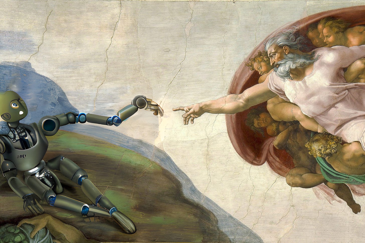 Michaelangelo's Creation of Adam with a robot instead of Adam