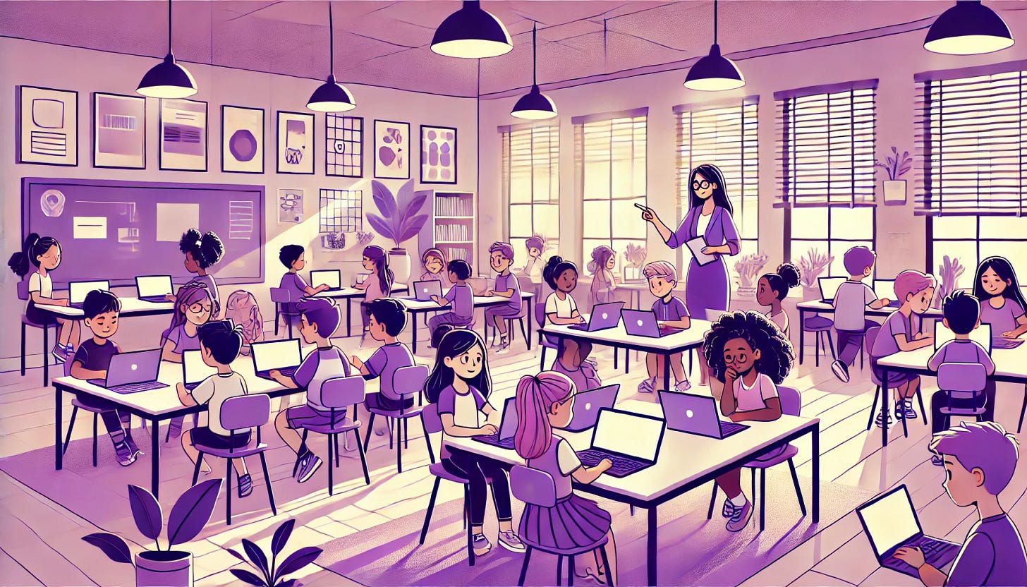 A classroom filled with diverse children and a teacher, depicted in various shades of purple. The room has a warm, welcoming atmosphere with students of different ethnicities working on laptops. The teacher is guiding them with a smile. The walls are decorated with posters, and there are large windows allowing light to flood in. Plants add a touch of nature to the space. The students are engaged and happy, collaborating on their projects. The overall style is cheerful and modern, with everything in purple tones.