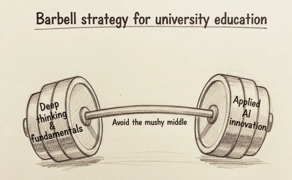 Diagram of the barbell approach to AI education: foundational courses without AI on one end and AI-enabled, project-based courses on the other, with fewer middle-layer courses.