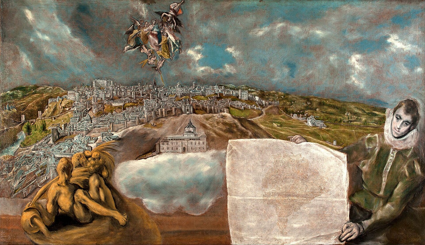 View and Plan of Toledo by El Greco: the city on its hill under a stormy sky, a young man holding the unfolded plan View and Plan of Toledo by El Greco: the city on its hill under a stormy sky, a young man holding the unfolded plan
