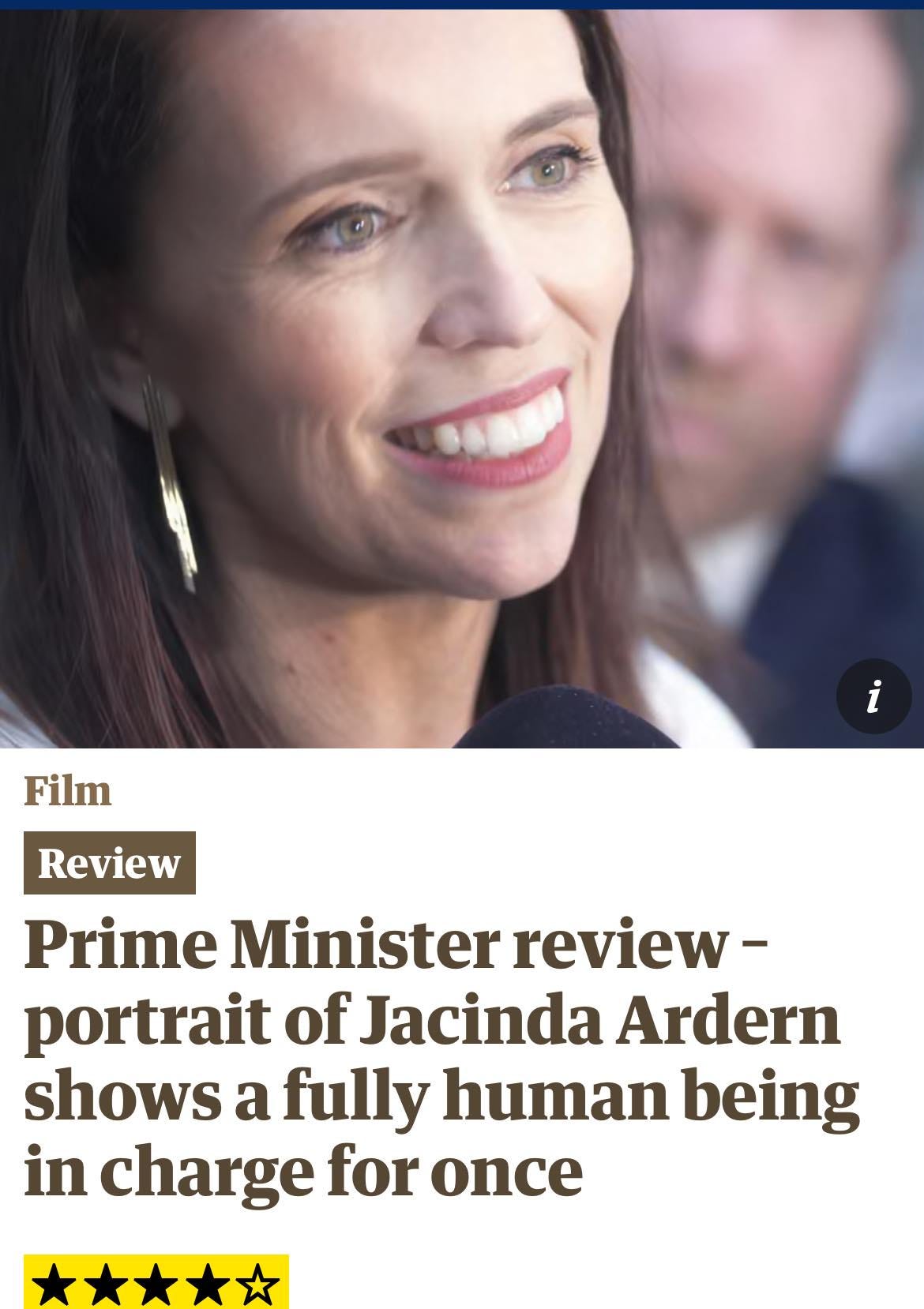 Headline: "Prime Minister review – portrait of Jacinda Ardern shows a fully human being in charge for once." Headline: "Prime Minister review – portrait of Jacinda Ardern shows a fully human being in charge for once."