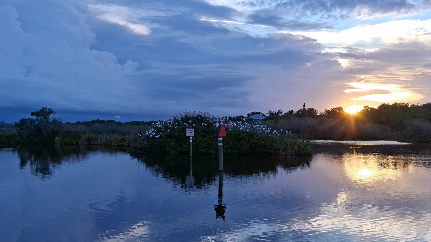 Dusk sunset reflecting off the calm water of Turkey Creek at Goode Park in Palm Bay, Florida, with wild birds gathering on a small island.