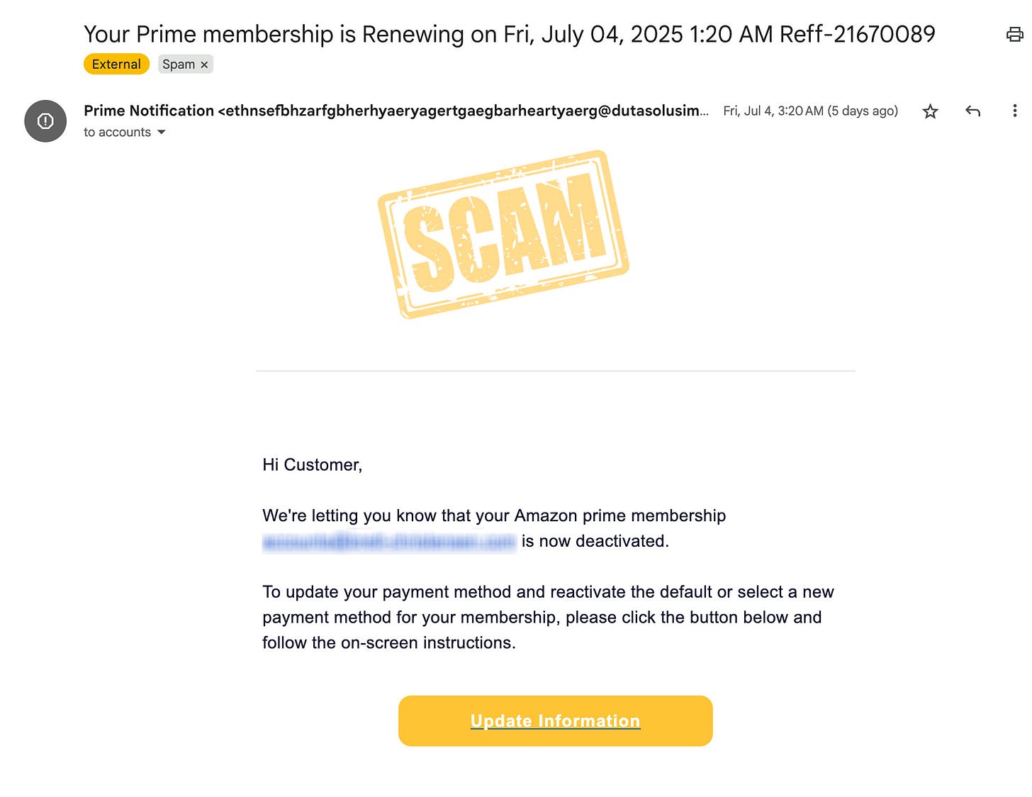 Fake email claims that your Prime membership has been deactivated and you need to click to update your payment method.