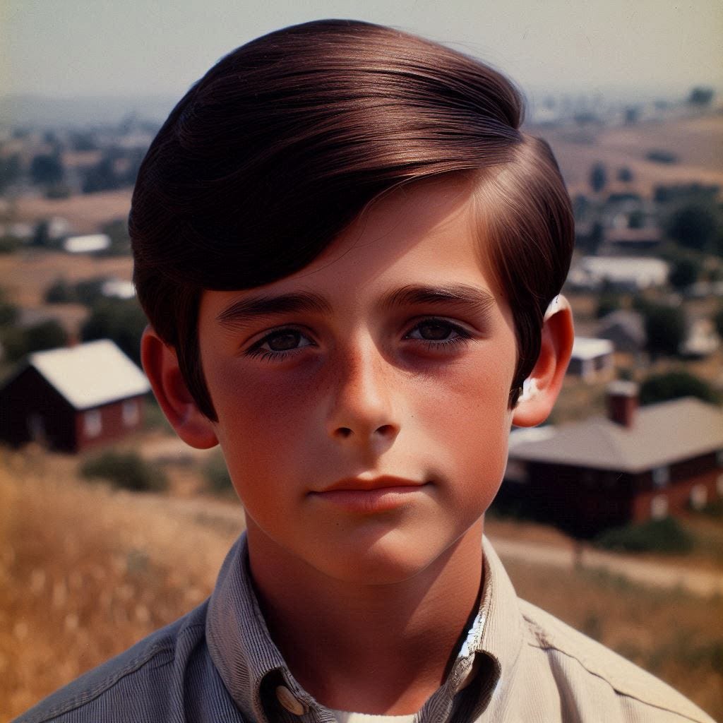 A 10-year-old white boy with dark brown hair in San Andreas, California in 1968