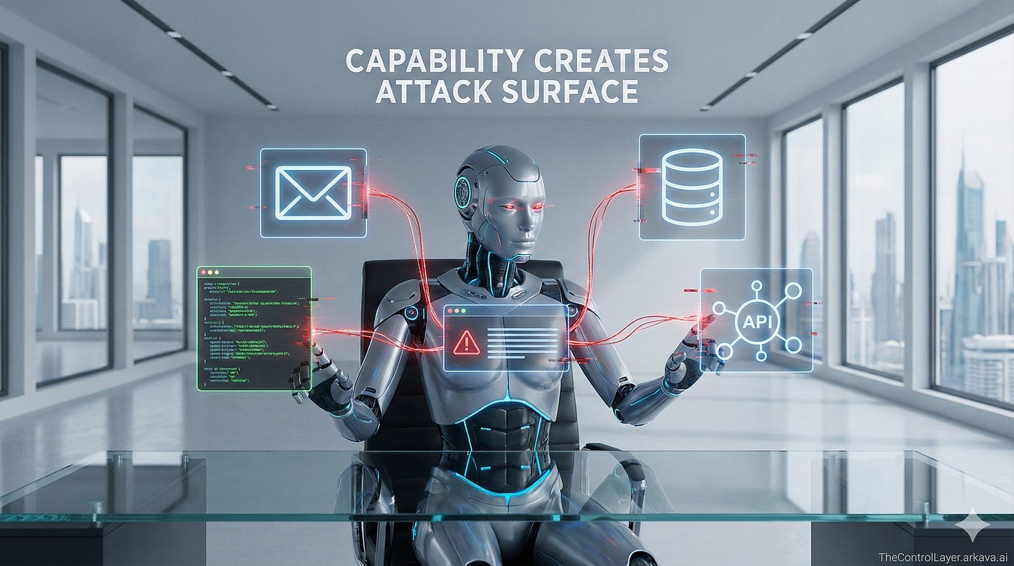 AI assistant surrounded by connected tool interfaces with subtle warning indicators showing manipulation paths. AI assistant surrounded by connected tool interfaces with subtle warning indicators showing manipulation paths.