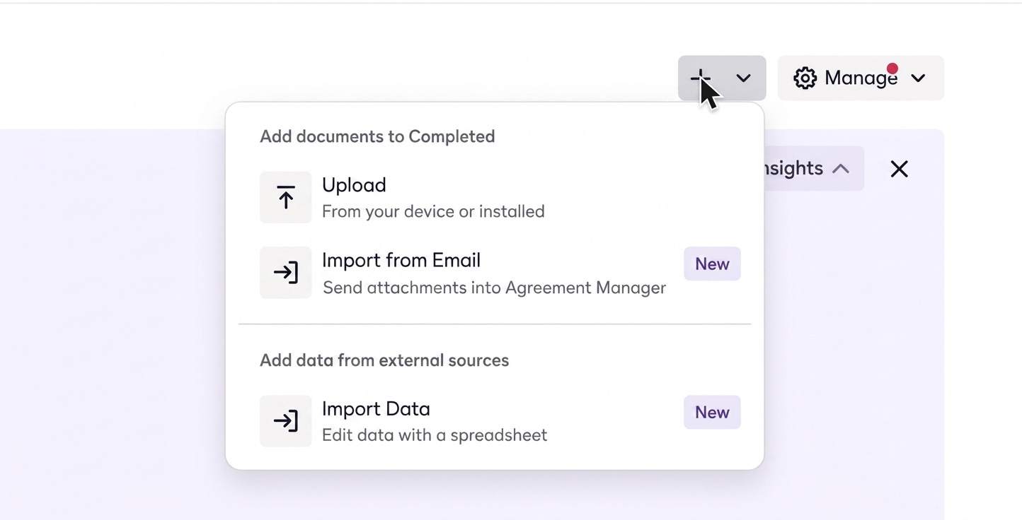 Close-up of the Agreement Manager Add menu open, showing Upload, Import from Email, and Import Data