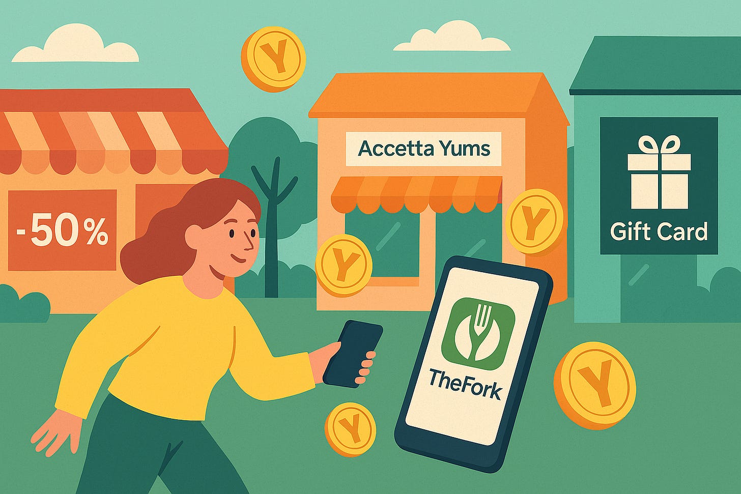 Illustration of a womas using TheFork to book a restaurant in Italy