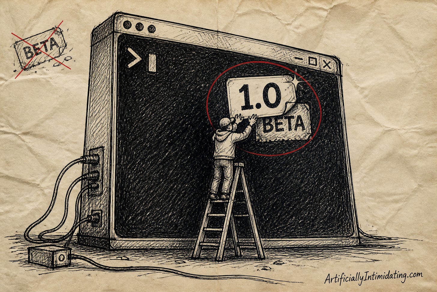 Editorial cartoon: an engineer on a stepladder slaps a shiny new 1.0 sticker over a curling, peeling BETA sticker on the face of a giant black terminal window with a blinking cursor.