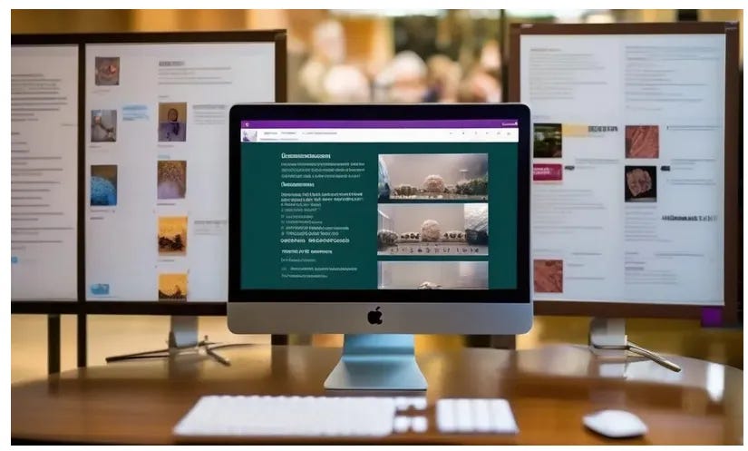 Drei Bildschirme zeigen Text- und Bildergebnisse.