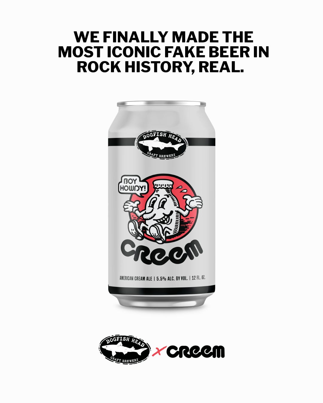 a white 12oz can of Dogfish Head beer with the Creem Magazine character "Boy Howdy" on the can label along with the Creem magazine logo