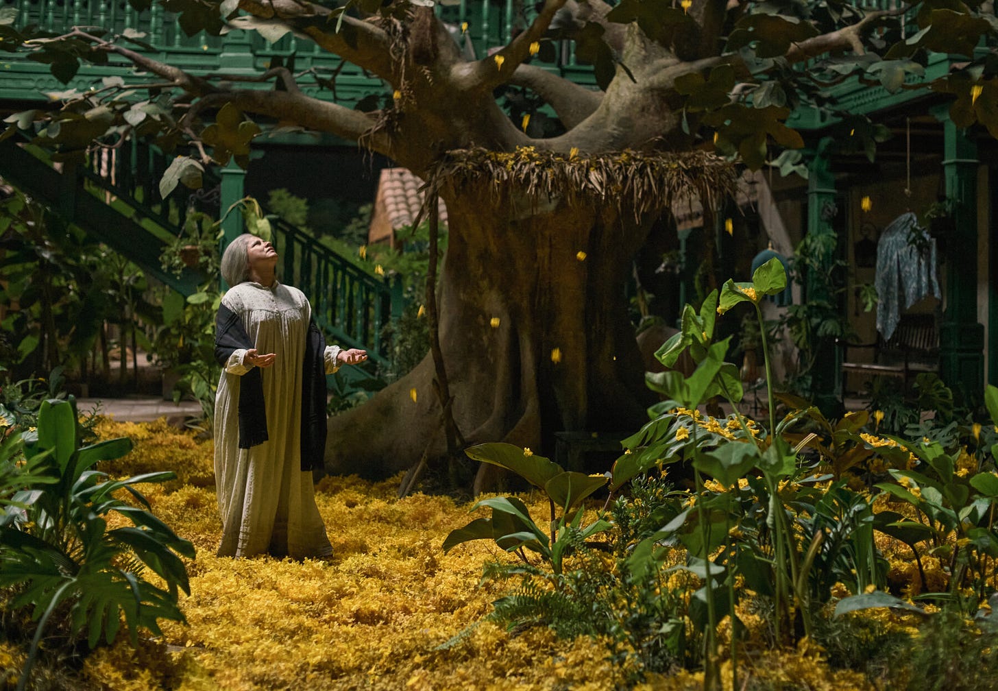 A dense, green garden with a massive tree and a woman watching as tiny yellow flowers rain down.