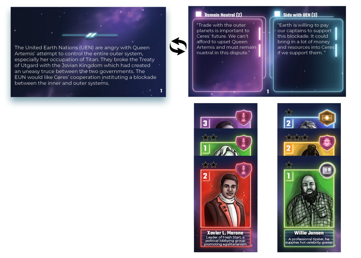 A storyline card shown front story and back options, then a series of influence cards in two columns under the options.