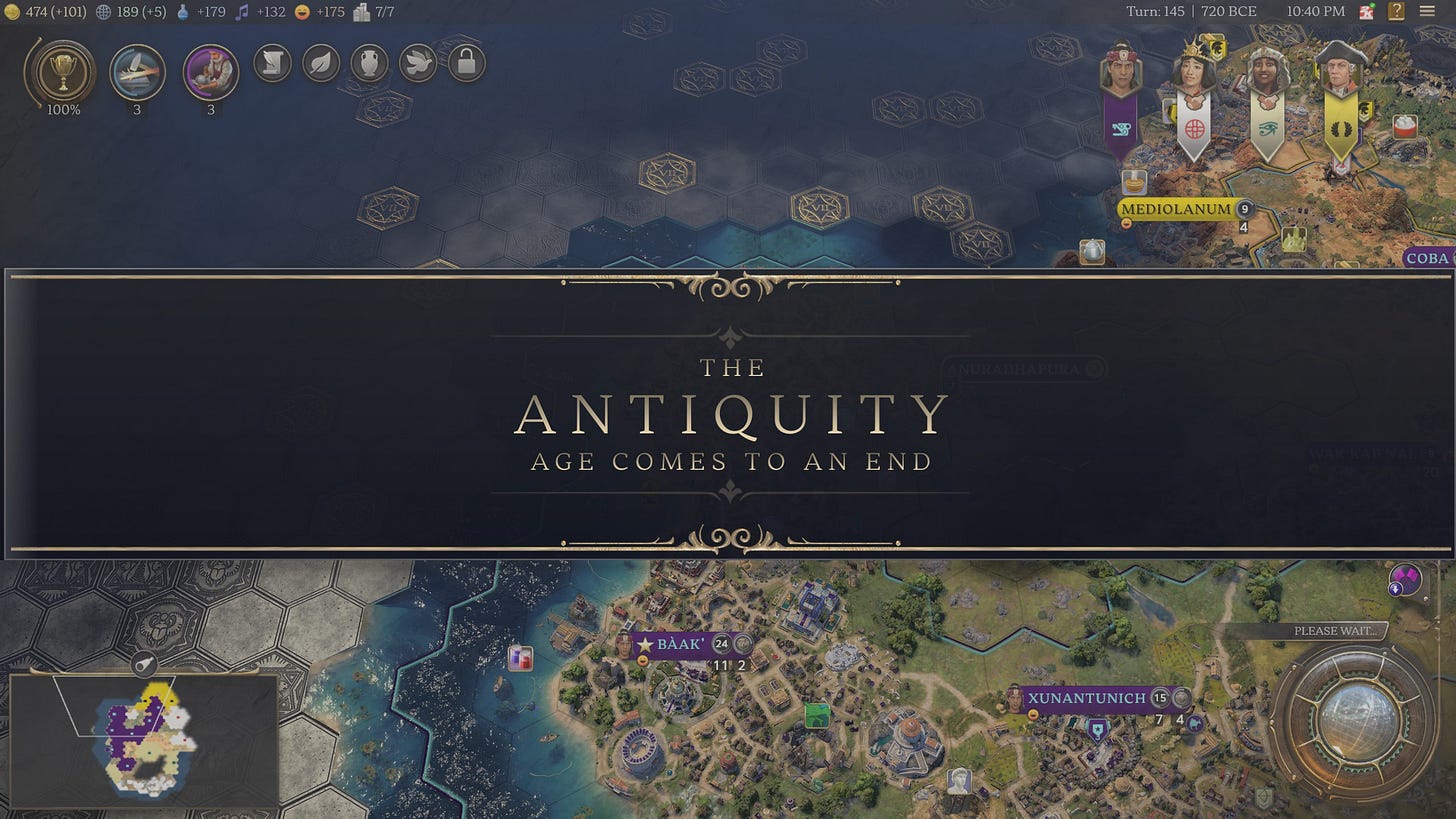 Civ 7 screenshot showing a banner that reads: "The Antiquity age comes to an end." In the top left corner, a trophy icon with 100% below it is displayed.