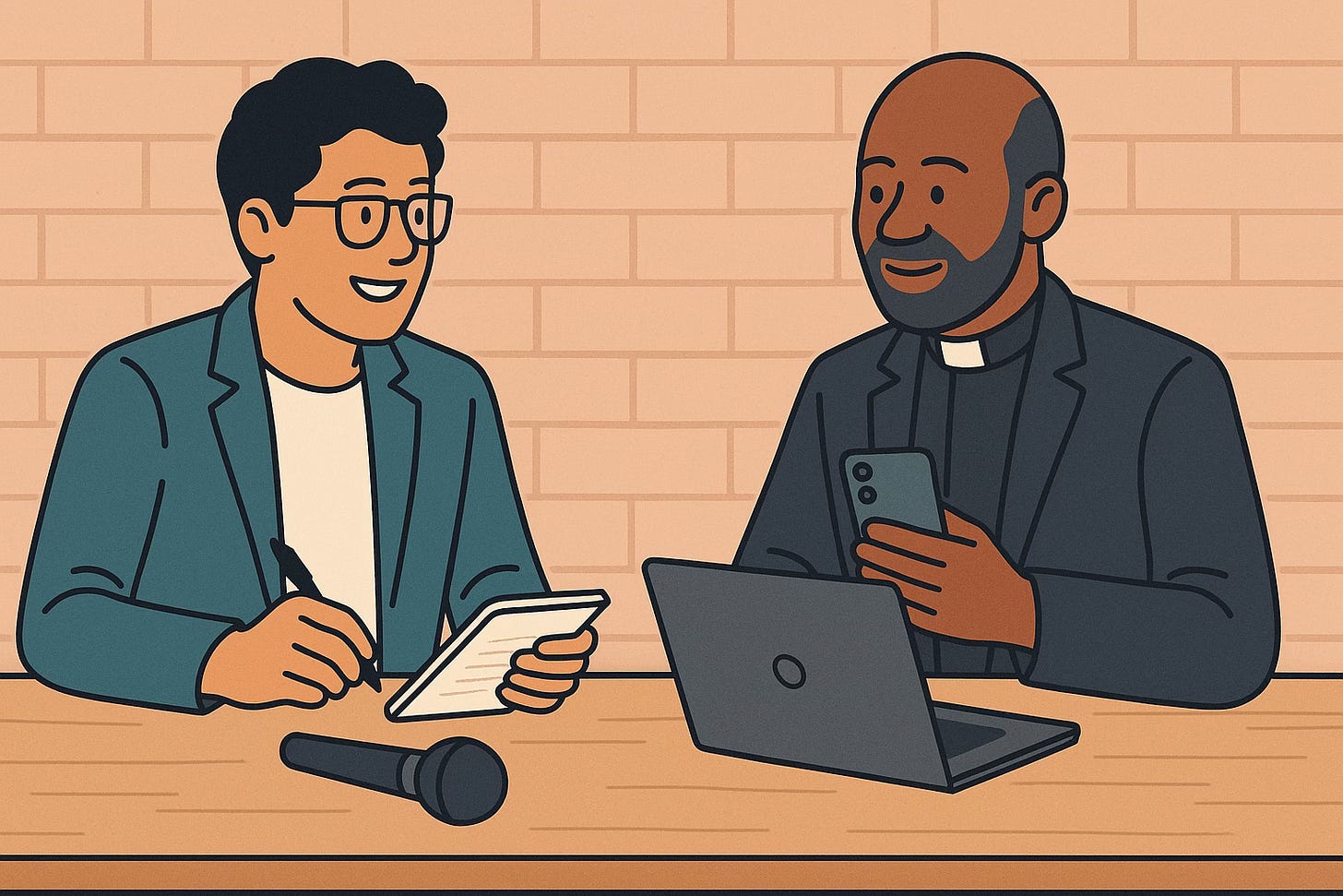 A journalist and a local community leader sit together at a table, sharing notes and ideas, symbolizing collaboration between newsrooms and trusted messengers. A journalist and a local community leader sit together at a table, sharing notes and ideas, symbolizing collaboration between newsrooms and trusted messengers.