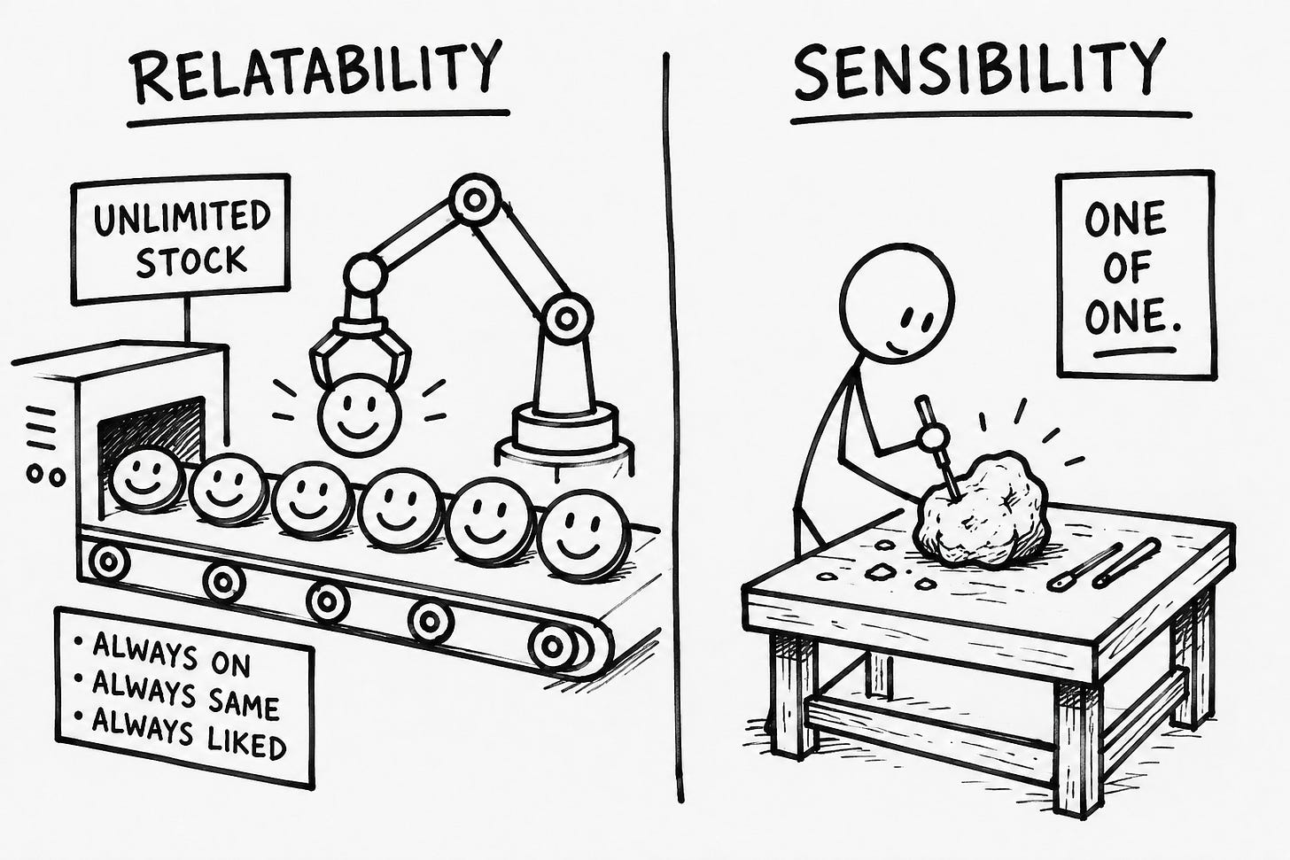 Two-panel black-and-white illustration contrasting AI-generated relatability versus human sensibility. Left panel: a robotic arm on a conveyor belt mass-produces identical smiley faces labeled "unlimited stock, always on, always same, always liked." Right panel: a single stick figure hand-carves a rough, irregular object at a workbench labeled "one of one." Illustrates how AI commoditized likability while human sensibility remains handmade and irreplaceable. Keywords: AI content commoditization, personal brand vs sensibility, human voice in writing.