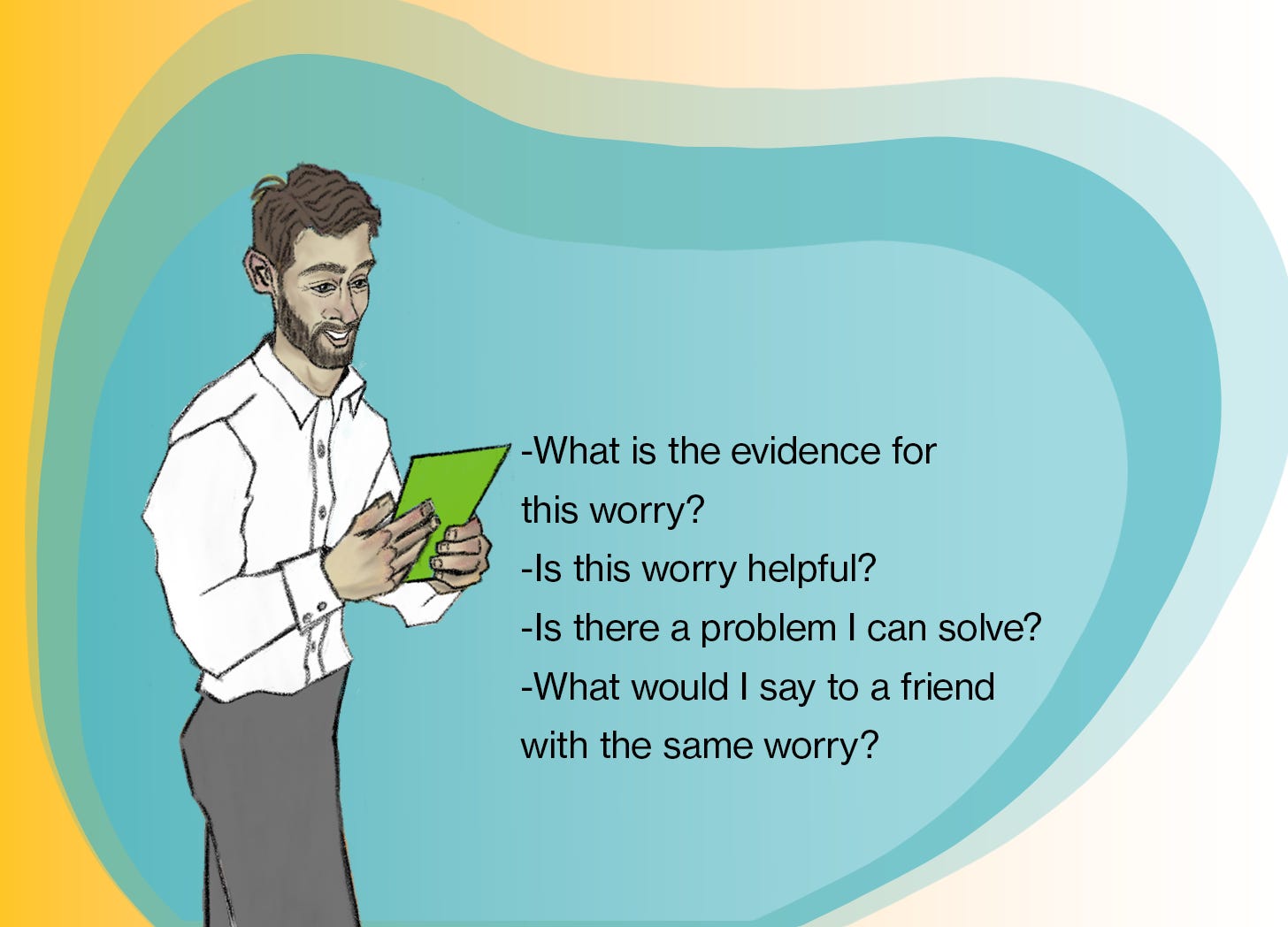 Illustration of a person giving a presentation while holding note cards, alongside a list of questions for challenging anxious thoughts. The prompts read: “What is the evidence for this worry?” “Is this worry helpful?” “Is there a problem I can solve?” and “What would I say to a friend with the same worry?” The graphic encourages reframing anxious thoughts using self-reflection and cognitive coping strategies.