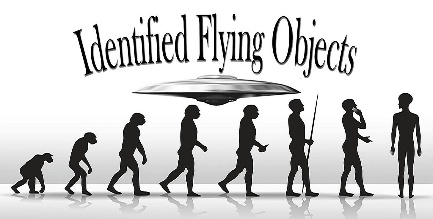 Under the text "Identified Flying Objects," silhouettes show the evolutionary progression from apes to man to aliens. Under the text "Identified Flying Objects," silhouettes show the evolutionary progression from apes to man to aliens.