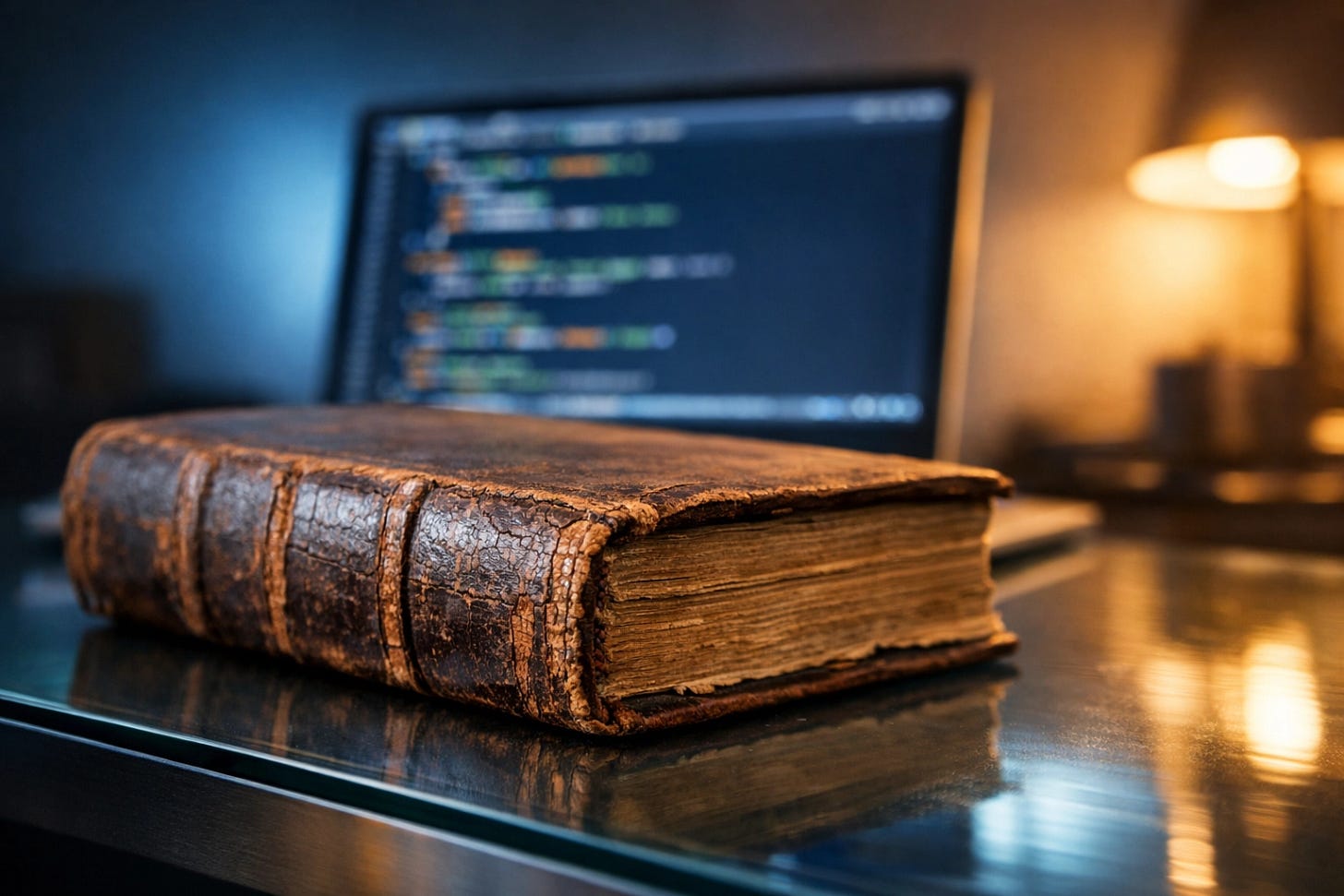 Vintage leather book on a modern glass desk contrasting ancient wisdom with digital efficiency | Dr. Marcus Peter