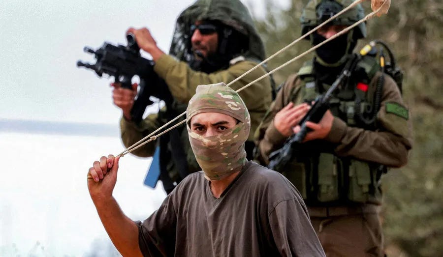 IDF soldiers behind a masked Israeli settler, hurling stones at Palestinians who gathered for the annual olive harvest season in the village of Beita, near Nablus, West Bank, Friday. Credit: Jaafar Ashtiyeh/AFP IDF soldiers behind a masked Israeli settler, hurling stones at Palestinians who gathered for the annual olive harvest season in the village of Beita, near Nablus, West Bank, Friday.