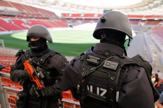 epaselect epa11338678 German police take part in an operational drill at the MHP Arena in Stuttgart, Germany 14 May 2024, in preparation for the upcoming UEFA EURO 2024 starting on 14 June 2024. Police and rescue services took part in the exercise at the stadium in Stuttgart which will host five games during the tournament. EPA/RONALD WITTEK