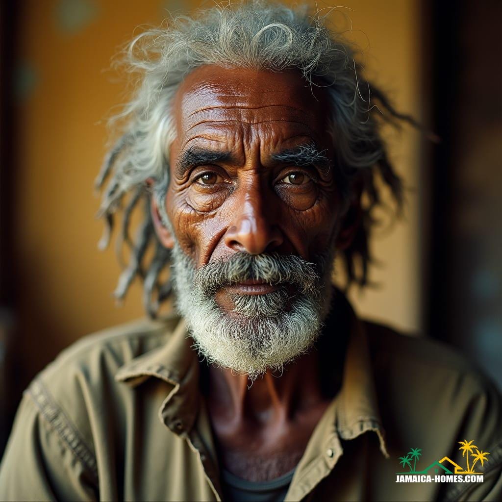 Aged Jamaican farmer with weathered, creased skin and wispy white dreadlocks, gazing directly into the camera with piercing, ancient eyes, set against a warm, earthy tone background. Soft, golden cinematic lighting casts a gentle glow on his worn, calloused hands and the threads of his faded, hand-me-down clothing. Shot on 35mm film with a shallow depth of field, the V-Raptor XL's distinct film grain and subtle lens flares add a tactile, organic feel to the image. A delicate vignette and nuanced color grading evoke a sense of timelessness, as if this moment has been plucked from a bygone era. The overall aesthetic is reminiscent of the works of cinematographer Roger Deakins, with the added warmth and texture of a Terrence Malick film, and the vibrant, earthy tones of a Gregory Crewdson photograph.