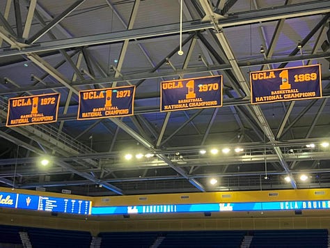 Images of UCLA, Pauley Pavillon, and NCAA Championship banners