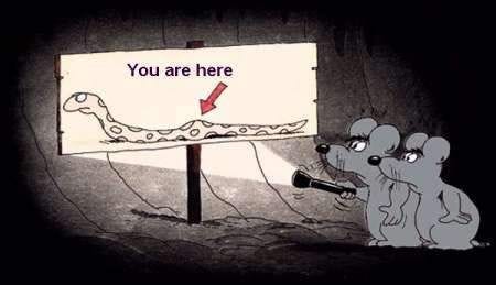 Two mice with a flashlight inside a long serpent reading an informational map that says: "You are here" Two mice with a flashlight inside a long serpent reading an informational map that says: "You are here"