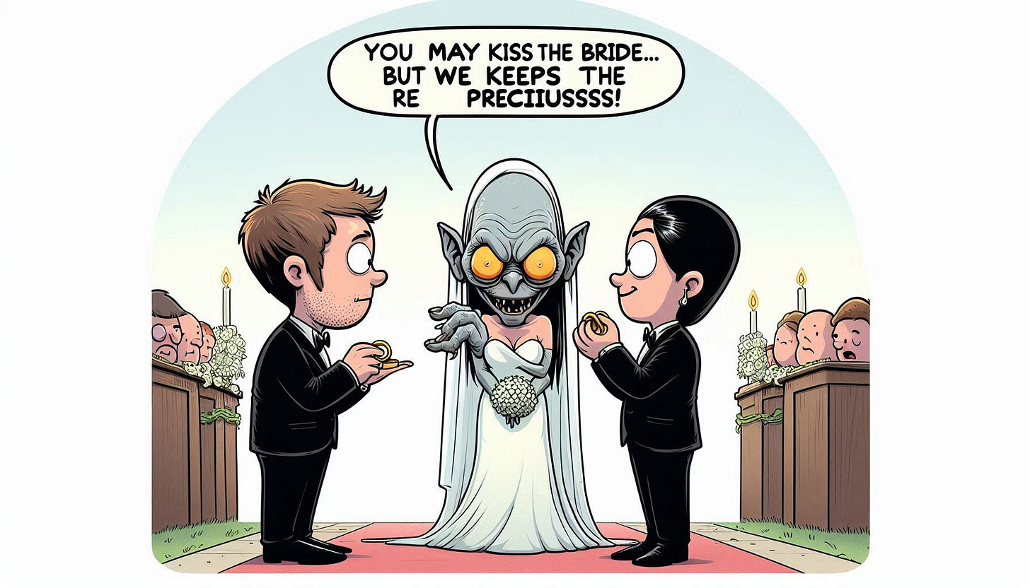 Cartoon illustration: Smeagol is officiating a wedding, holding two rings aloft with a greedy expression, while the couple stands in front of him at the altar. The groom and bride are looking at each other, ready to kiss. Smeagol says, 'You may kiss the bride... but we keeps the preciousss!' The background shows a simple wedding setting.