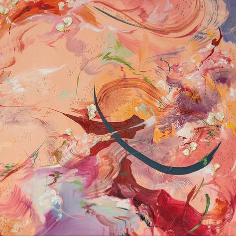 Row of three colorful abstract paintings.