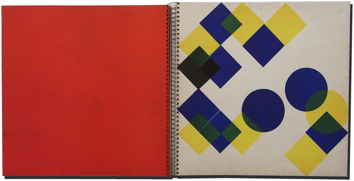From: Dieter Roth, kinderbuch, (28 pages, 4 colour letterpress, geometric shapes with hand cut and die cut holes, spiral binding), Forlag ed, Reykjavik, 1957, Edition of approx. 25 signed copies, plus approx. 75 unsigned copies [Zucker Art Books, Alford, MA. © Dieter Roth Estate]
