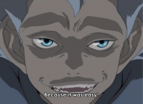 First image: Image of a humanoid face with green eyes, saying "It was easy". Second image: Similar close up to Nakajima's face who looks shocked. Third image:: A sword takes up about a third of the screen. Reflected in the sword is the creature. Outside of the sword and in the background, Nakajima sits moping